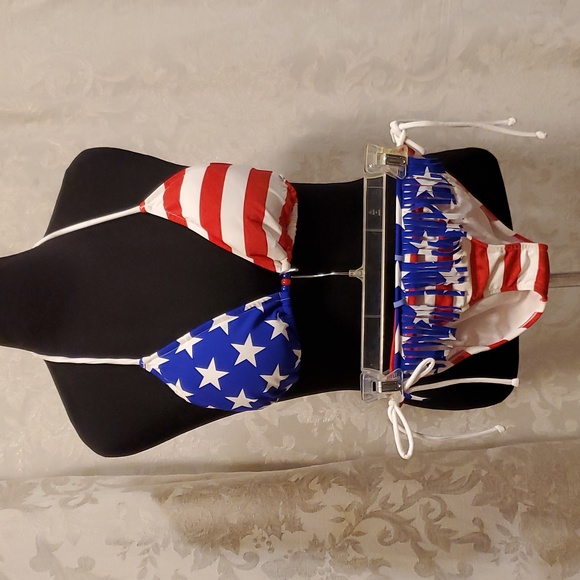 2 PC. SZ. 8/10 RED, WHITE, BLUE STRING BEADED BIKINI - Picture 1 of 11